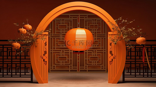 中秋节背景图片_中秋节背景的门和中国灯笼的 3D 渲染