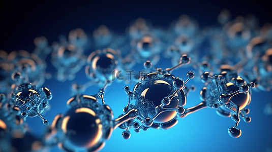 在蓝色背景上连接的原子的 3D 渲染非常适合演示