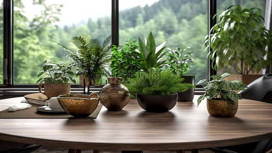 窗边桌子的亲密景观与郁郁葱葱的盆栽绿化家庭室内 3D 渲染