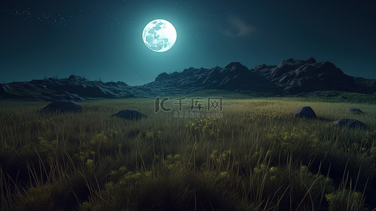 幻想夜景满月星星和草地 3d 渲染