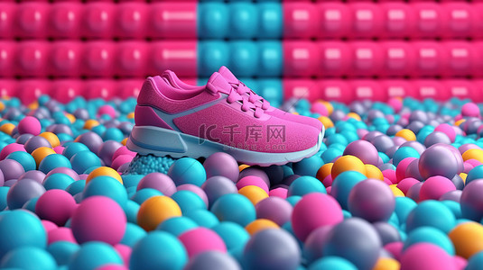 彩色球围绕哑铃跑鞋和粉红色毛巾，在充满活力的蓝色背景 3D 渲染上