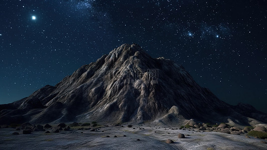 太空中的多山岩石 3D 渲染与星空背景