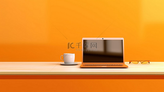 橙色办公室场景背景横幅下笔记本电脑的 3D 插图