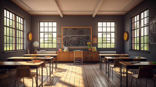 阳光教室背景图片_带黑板的阳光明媚教室的充满活力的 3D 渲染