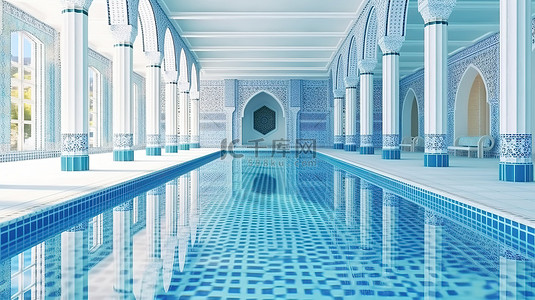 东方绿洲水疗中心室内泳池的 3D 渲染，内衬蓝色和白色瓷砖