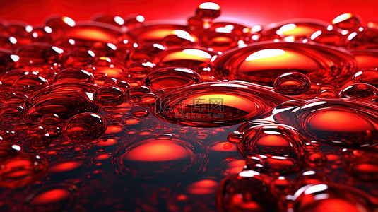 令人眼花缭乱的红色抽象液体背景，具有金属光泽和发光折射 3D 插图，以 3D 呈现