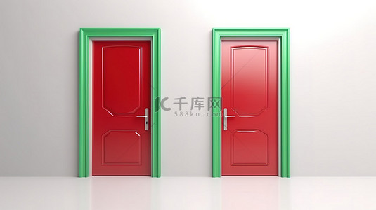 困境困境红色和绿色门的 3D 渲染，带有一个巨大的问号表示选择