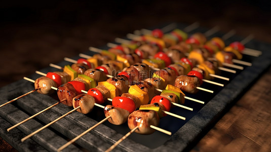 烤炸食品背景图片_在烤架上烧烤的串的 3d 渲染