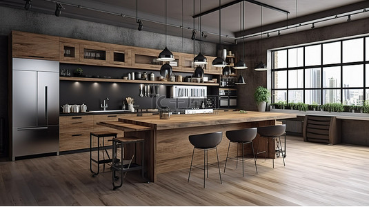 厨房墙背景图片_带木质装饰和餐吧的现代阁楼厨房 3d 渲染图像