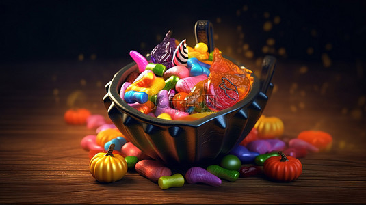 节日女巫的大锅篮子里装满了各种充满活力的万圣节糖果和零食 3D 渲染