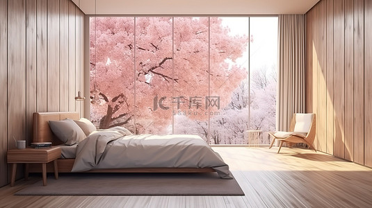 现代卧室木质装饰空间，带有大窗框，3D 渲染中粉红色花朵
