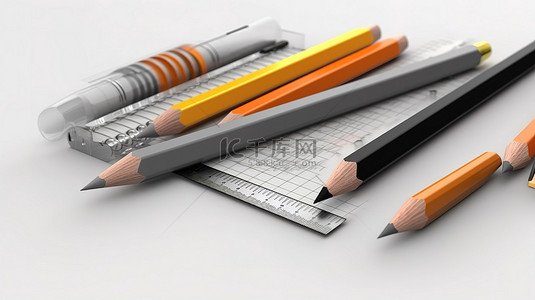 白色背景 3D 图标标尺钢笔铅笔刷和渲染形式的画笔