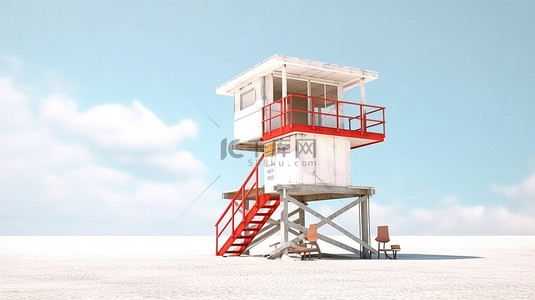 海天背景图片_阳光明媚的海滩上白色背景的救生塔特写视图的 3D 渲染
