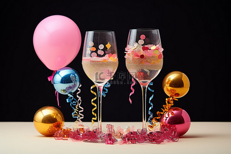 文本装饰背景图片_三杯香槟，配有派对装饰和红气球