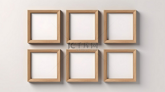 壁挂式一组四个木框架，带有边框和空白空间，用于图像或文本 3D 渲染