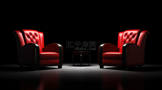 3D 渲染中的领导概念红色扶手椅与黑色背景上的现代黑色扶手椅一起渲染