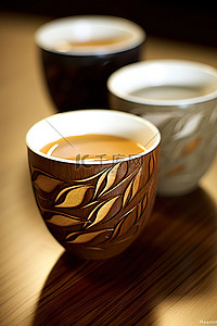 三个咖啡杯放置在木质表面上