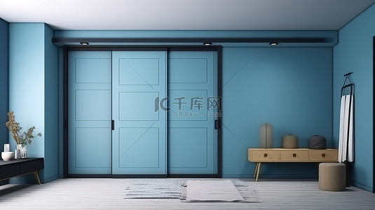 方案室内设计背景图片_日式室内设计，蓝色配色方案，配有门纸和榻榻米地板上的橱柜架子墙 3D 渲染