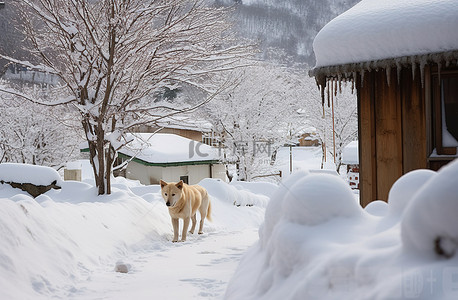 雪王背景图片_雪狗穿越雪山上的小木屋前