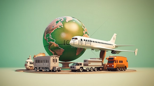 地球飞机火车和教练与一堆行李的 3D 渲染图像