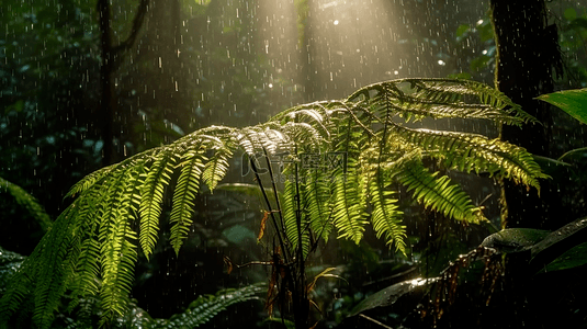 夏季背景图片_雨中森林叶子背景植物热带树叶自然背景