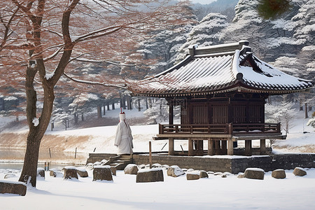 华夫格风格背景图片_亚洲风格的结构，雪上有草和树