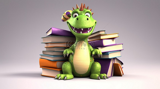 霸王龙可爱背景图片_有趣可爱的恐龙与一摞书 3D