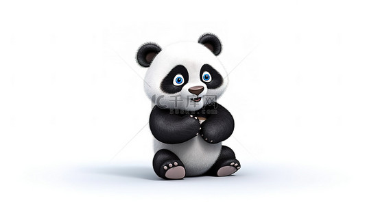可爱的 3D 插图卡通熊猫，白色背景上有可爱的动物特征