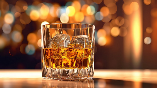 在乡村环境中舒缓威士忌，在木制酒吧上用散景灯渲染玻璃的 3D 渲染