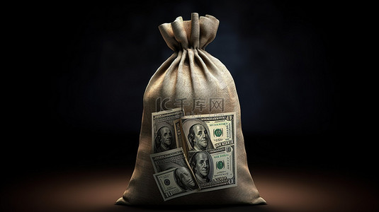用美元货币的 3D 符号概念化的钱袋渲染插图