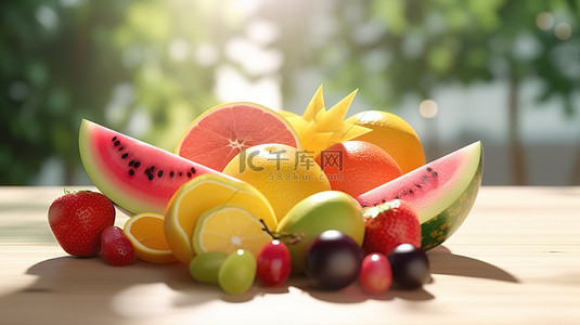 充满活力的夏季水果拼盘，包括清爽的西瓜浓郁的柠檬和多汁的橙子，令人惊叹的 3D 视觉渲染，完美的夏季美食