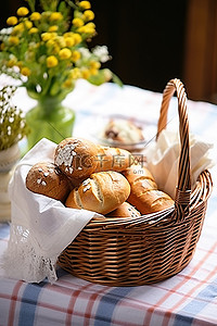 糕点糕点背景图片_桌子上有一篮子面包松饼和糕点