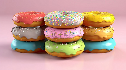 使用 3D 渲染创建的各种美味的彩色甜甜圈