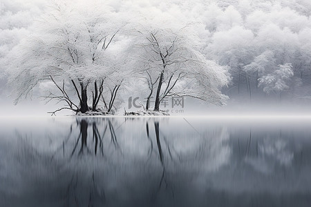 森林雨背景图片_大湖景观上的白雪森林