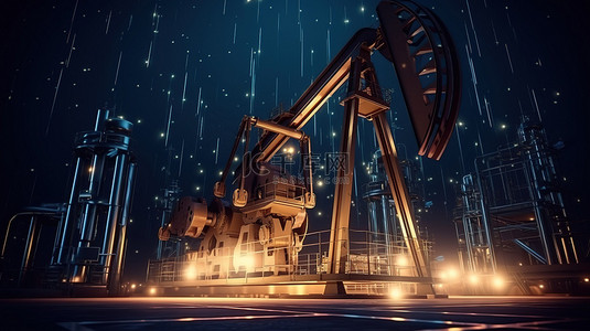 工业环境中石油井架和石油泵的夜间能源 3D 渲染
