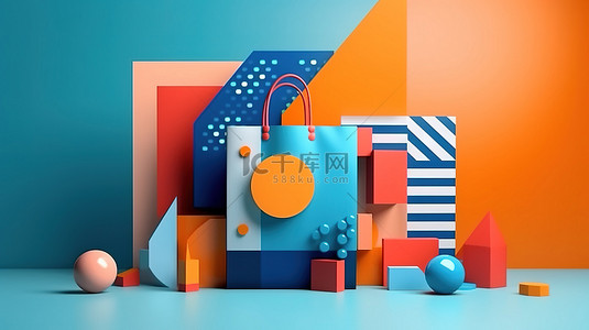 橙色和蓝色色调的几何孟菲斯风格形状形成时尚的购物袋 3D 渲染插图