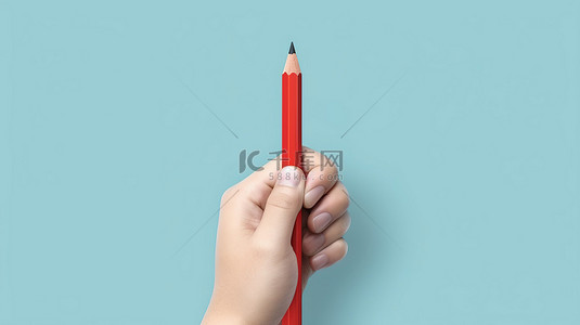 薄荷色商业卡通手拿着 3D 渲染的红色铅笔