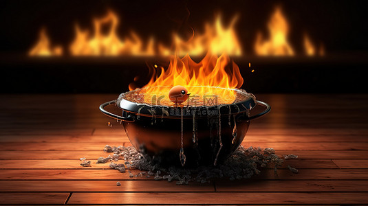 以火煮锅为特色的营销活动的 3D 渲染插图