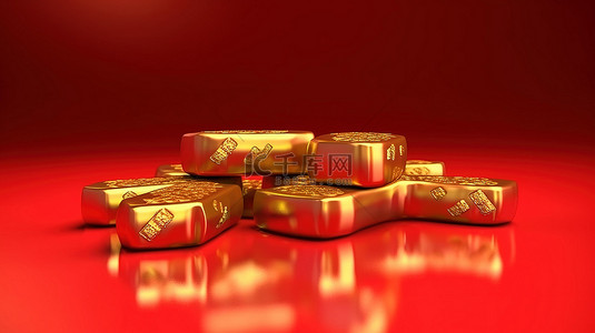 中国元素背景图片_红色背景 3D 渲染古代金锭的中国节日元素插图