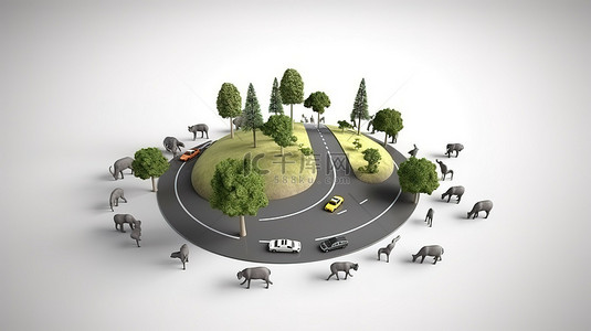 受自然启发的地球仪 3D 插图，有道路树木山脉和动物