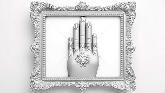 法蒂玛吊坠的银色 hamsa 手的 3d 渲染，白色背景上有空相框