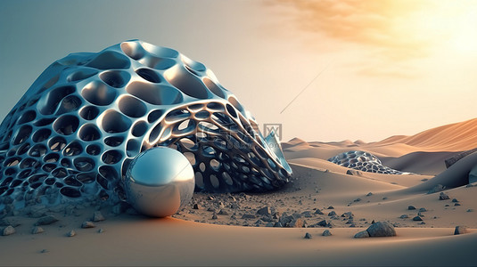 具有超现实几何形状和未来技术的科幻 3D 景观