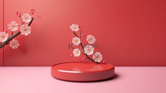 日本樱花樱花背景图片_用于产品展示的樱花和红色背景的几何讲台的 3D 渲染