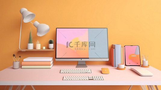 办公桌上键盘和鼠标旁边放置的平板手机样机屏幕的柔和彩色 3D 渲染