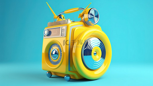 黄色背景与3D卡通风格蓝色收音机音乐播放器