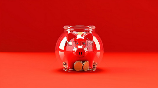 红色小猪背景图片_红色背景的 3D 渲染玻璃存钱罐为更美好的未来省钱