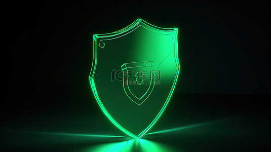 带锁图标的安全网络保护 3D 绿色盾牌象征着 3D 渲染的防护系统