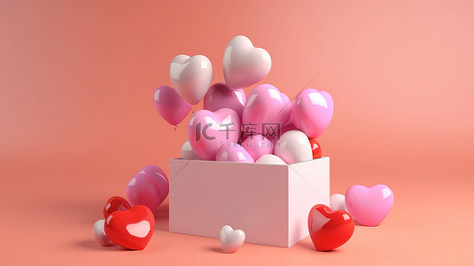 浅粉色背景，带有 3D 渲染的粉色盒子和白色橙色和粉色的心形气球