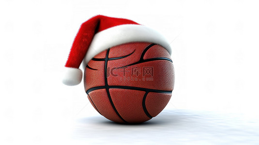红色的帽子背景图片_篮球球上带有红色圣诞老人帽子的白色背景的 3D 渲染