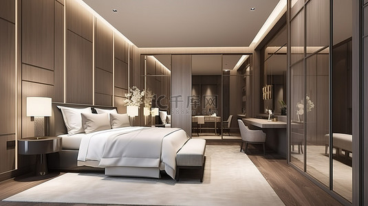 酒店背景图片_豪华酒店套房设有优雅的 3D 渲染卧室和镜面衣柜